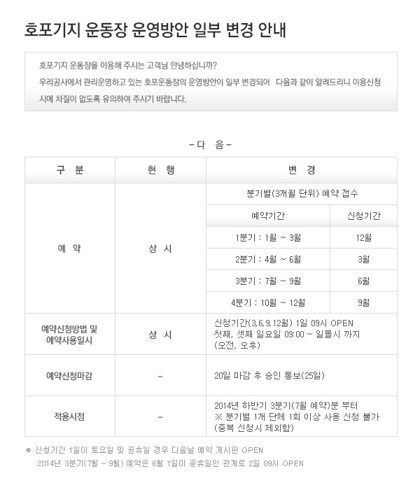 호포기지 운동장 운영방안 일부 변경 안내로 자세한 내용은 안내내용 참고