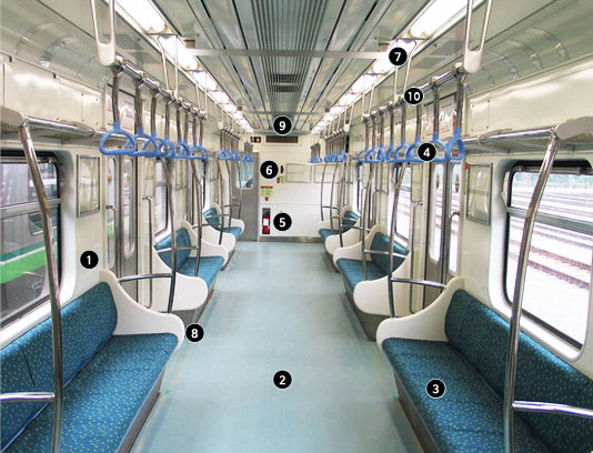2호선 전동차 객실 내부 사진으로 자세한 설명은 내부설명 참고